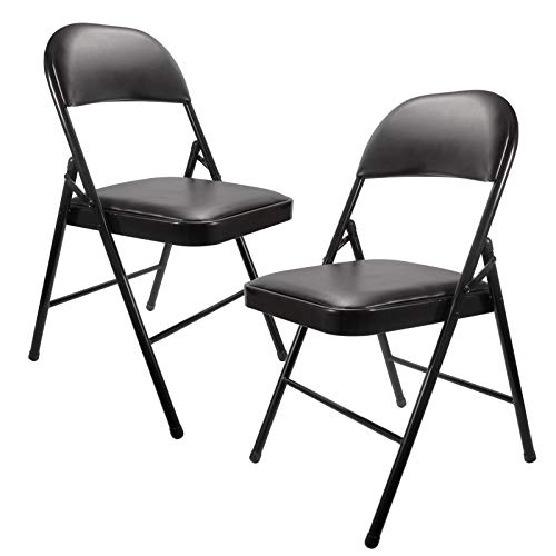 YJHome Folding Chairs with Padded Seats, Black Metal Folding Chairs Set of 2 Pack, Portable Foldable Chair Comfortable Folding Chair for Card Table