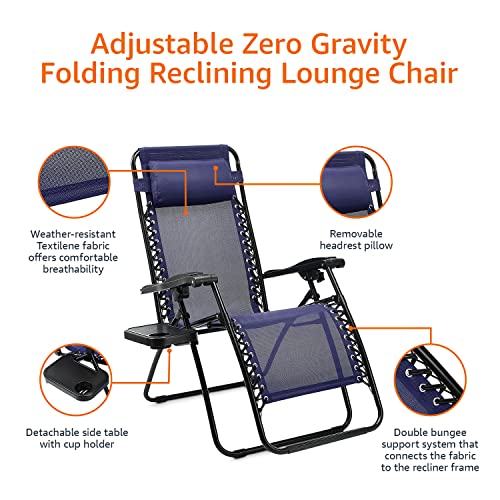 Amazon Basics Textilene Outdoor Adjustable Zero Gravity Folding Reclining Lounge Chair with Side table and Pillow - Pack of 2, Blue