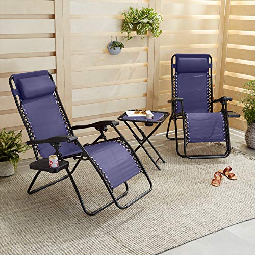 Amazon Basics Textilene Outdoor Adjustable Zero Gravity Folding Reclining Lounge Chair with Side table and Pillow - Pack of 2, Blue