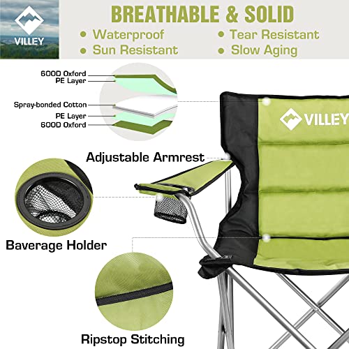VILLEY Camping Chairs, Padded Folding Chair, Outdoor Portable High Camp Chair, Foldable Outside Arm Chair with Cup Holder & Carry Bag, Green