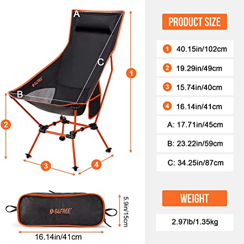 G4Free 2Pcs Lightweight Portable High Back Camp Chair, Folding Chair Lawn Chair Heavy Duty 330lbs with Headrest & Pocket for Outdoor Camp Travel Beach Gardening Travel Hiking