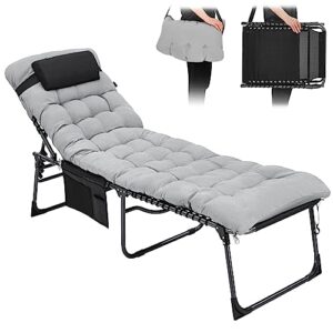 kingcamp folding chaise lounge chair with mattress for outdoor and indoor, adjustable heavy duty portable camping recliner with pillow for patio, beach, lawn, pool, sunbathing, tanning