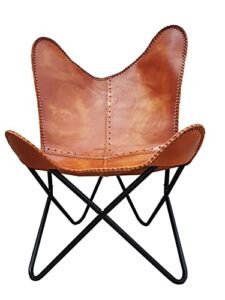 classy handmade leather living room chairs-butterfly chair tan side hand stitch leather butterfly chair-handmade with powder coated folding iron frame (cover with folding frame)