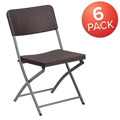 Flash Furniture 6 Pack HERCULES Series Brown Rattan Plastic Folding Chair with Gray Frame