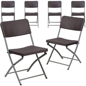 Flash Furniture 6 Pack HERCULES Series Brown Rattan Plastic Folding Chair with Gray Frame