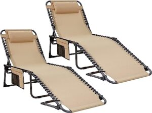 kingcamp chaise lounge outdoor adjustable textilene waterproof patio lounge chair,folding tanning chair for lawn,beach,pool and sunbathing,portable camping reclining chair with pillow (2, light beige)
