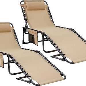 KingCamp Chaise Lounge Outdoor Adjustable Textilene Waterproof Patio Lounge Chair,Folding Tanning Chair for Lawn,Beach,Pool and Sunbathing,Portable Camping Reclining Chair with Pillow (2, Light Beige)