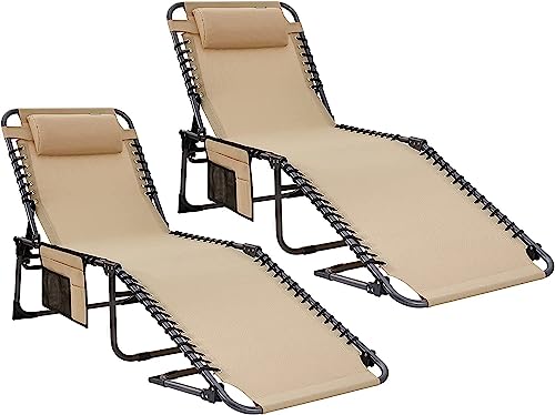 KingCamp Chaise Lounge Outdoor Adjustable Textilene Waterproof Patio Lounge Chair,Folding Tanning Chair for Lawn,Beach,Pool and Sunbathing,Portable Camping Reclining Chair with Pillow (2, Light Beige)