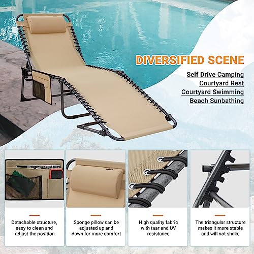 KingCamp Chaise Lounge Outdoor Adjustable Textilene Waterproof Patio Lounge Chair,Folding Tanning Chair for Lawn,Beach,Pool and Sunbathing,Portable Camping Reclining Chair with Pillow (2, Light Beige)