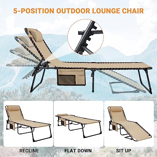 KingCamp Chaise Lounge Outdoor Adjustable Textilene Waterproof Patio Lounge Chair,Folding Tanning Chair for Lawn,Beach,Pool and Sunbathing,Portable Camping Reclining Chair with Pillow (2, Light Beige)