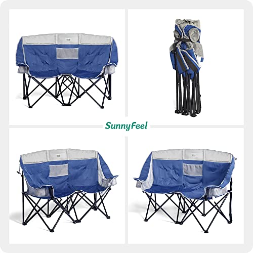 SUNNYFEEL Folding Double Camping Chair, Portable Duo Loveseat Chair, Padded Foldable Lawn Chairs with Cup Holder for Beach/Outdoor/Travel/Picnic, Fold Up Camp Chairs for Adults Heavy Duty 2 Person