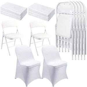 amyhill 6 sets wedding folding chairs and spandex sets metal folding chairs with padded seats portable foldable chairs indoor fold up chairs for wedding banquet party event (white)
