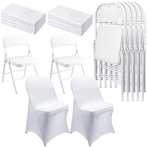 Amyhill 6 Sets Wedding Folding Chairs and Spandex Sets Metal Folding Chairs with Padded Seats Portable Foldable Chairs Indoor Fold up Chairs for Wedding Banquet Party Event (White)