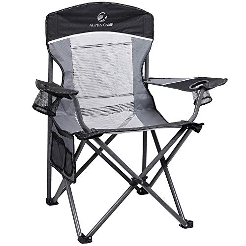 ALPHA CAMP Oversized Mesh Back Camping Folding Chair Heavy Duty Support 350 LBS Collapsible Steel Frame Quad Chair Padded Arm Chair with Cup Holder Portable for Outdoor (Black/Grey)