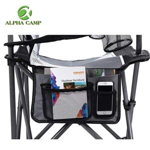 ALPHA CAMP Oversized Mesh Back Camping Folding Chair Heavy Duty Support 350 LBS Collapsible Steel Frame Quad Chair Padded Arm Chair with Cup Holder Portable for Outdoor (Black/Grey)