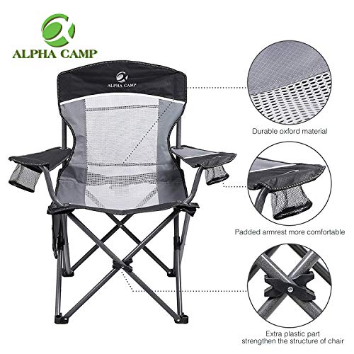 ALPHA CAMP Oversized Mesh Back Camping Folding Chair Heavy Duty Support 350 LBS Collapsible Steel Frame Quad Chair Padded Arm Chair with Cup Holder Portable for Outdoor (Black/Grey)