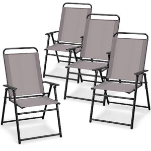 giantex patio chairs set of 4, outdoor folding chairs with armrests, metal frame, outside foldable dining chairs for lawn deck porch beach yard (gray & black)