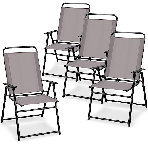 Giantex Patio Chairs Set of 4, Outdoor Folding Chairs with Armrests, Metal Frame, Outside Foldable Dining Chairs for Lawn Deck Porch Beach Yard (Gray & Black)