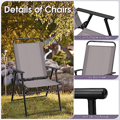 Giantex Patio Chairs Set of 4, Outdoor Folding Chairs with Armrests, Metal Frame, Outside Foldable Dining Chairs for Lawn Deck Porch Beach Yard (Gray & Black)