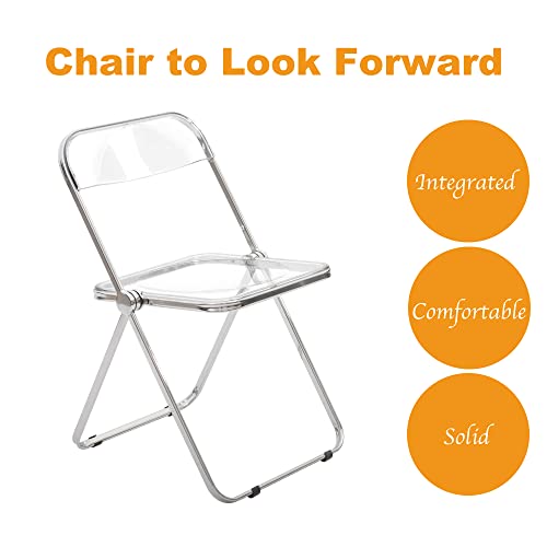 CangLong Modern Acrylic Stackable, Plastic Folding Dining Room Armless Home Comfortable Event Chair, Clear, Set of 2, Transparent + Foldable Legs