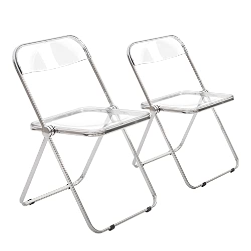 CangLong Modern Acrylic Stackable, Plastic Folding Dining Room Armless Home Comfortable Event Chair, Clear, Set of 2, Transparent + Foldable Legs