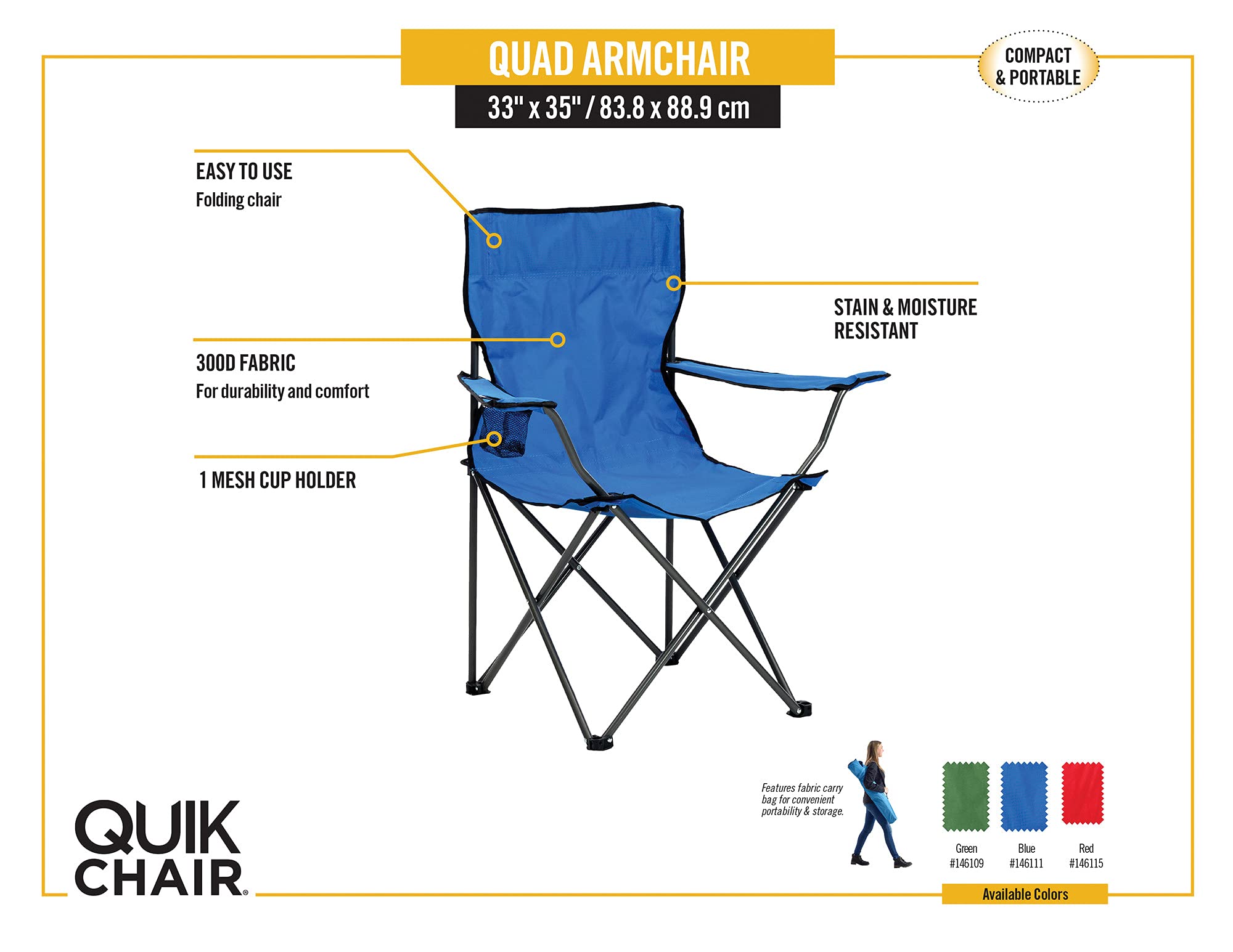 Quik Chair Portable Folding Chair with Arm Rest Cup Holder and Carrying and Storage Bag, Blue