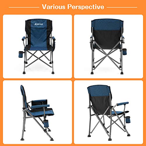 XGEAR Camping Chair with Padded Hard Armrest, Sturdy Folding Camp Chair with Cup Holder, Storage Pockets Carry Bag Included, Support to 400 lbs(Blue)