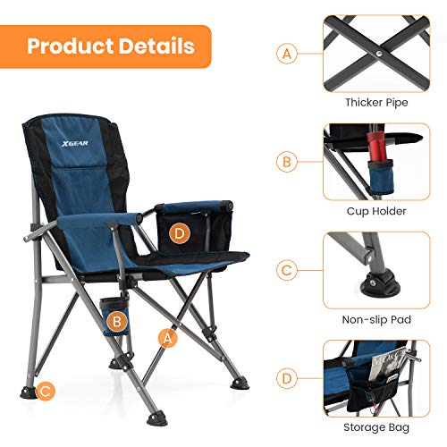 XGEAR Camping Chair with Padded Hard Armrest, Sturdy Folding Camp Chair with Cup Holder, Storage Pockets Carry Bag Included, Support to 400 lbs(Blue)