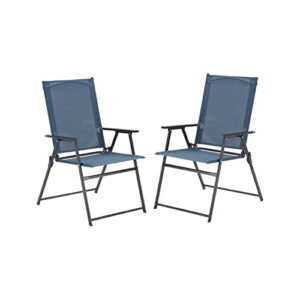 vicllax 2 pieces patio folding chairs, outdoor portable dining chairs for lawn garden and porch, dark blue(edge-binding)