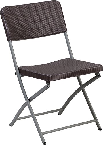 Flash Furniture HERCULES Series Brown Plastic Rattan Folding Chair with Grey Frame