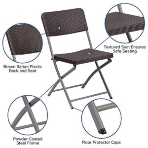 Flash Furniture HERCULES Series Brown Plastic Rattan Folding Chair with Grey Frame