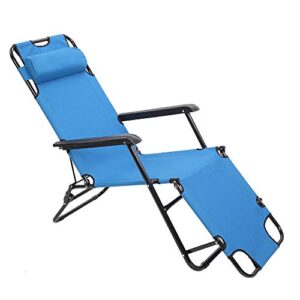 outdoor chaise lounge chair, portable dual purposes extendable folding reclining chair for outside patio beach sunbathing tanning pool, camping reclining chair with shoulder strap and pillow, blue