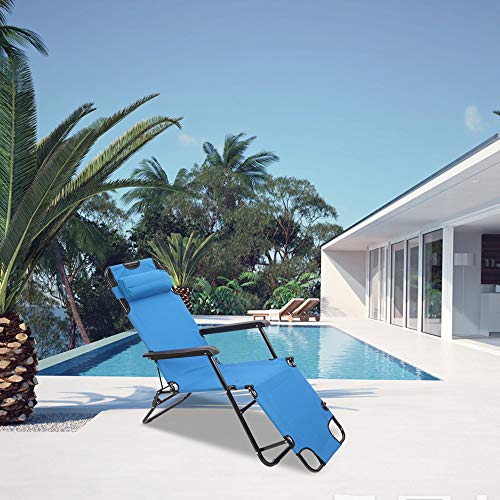 Outdoor Chaise Lounge Chair, Portable Dual Purposes Extendable Folding Reclining Chair for Outside Patio Beach Sunbathing Tanning Pool, Camping Reclining Chair with Shoulder Strap and Pillow, Blue