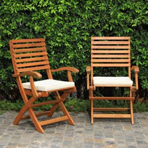idzo, percy wood folding chairs heavy duty 400lbs capacity set of 2 w/cushion, fsc acacia outdoor furniture, teak finish, fully assembled, beige