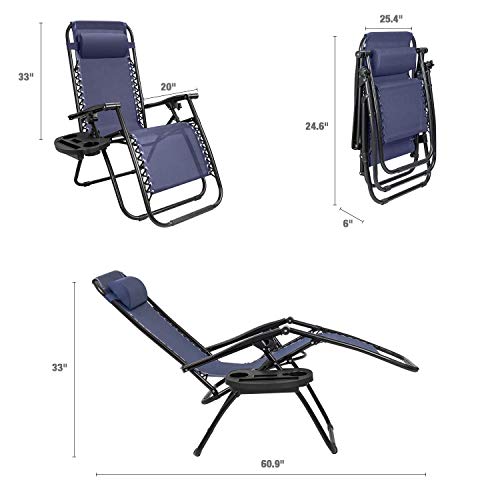 GUNJI Zero Gravity Chair Outdoor Lawn Folding Lounge Chairs Adjustable Reclining Patio Chairs Set of 2 with Cup Holder Lounge Gravity Chairs for Poolside, Backyard, Beach and Camping (Blue)
