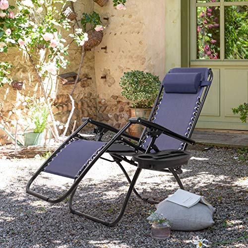 GUNJI Zero Gravity Chair Outdoor Lawn Folding Lounge Chairs Adjustable Reclining Patio Chairs Set of 2 with Cup Holder Lounge Gravity Chairs for Poolside, Backyard, Beach and Camping (Blue)