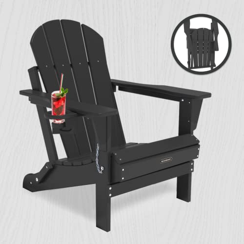 MUCHENGHY Folding Adirondack Chairs, Patio Chairs, Fire Pit Chairs, Outdoor Chairs, Plastic Adirondack Chairs, Lawn Chairs Weather Resistant with Cup Holder for Deck, Backyard, Garden(Black)