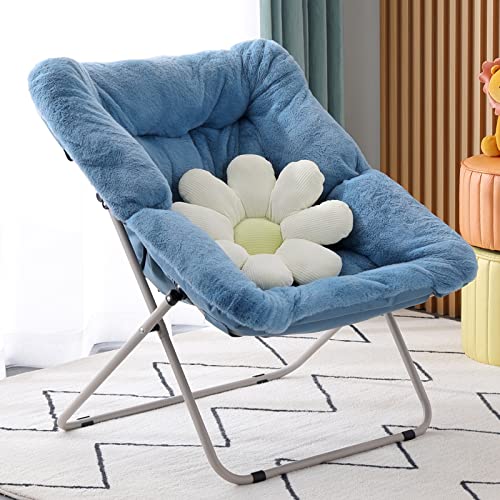 Givjoy Saucer Chair, Soft Faux Fur Oversized Folding Accent Chair, Soft Furry Lounge Lazy Chair, Metal Frame Moon Chair for Bedroom, Living Room