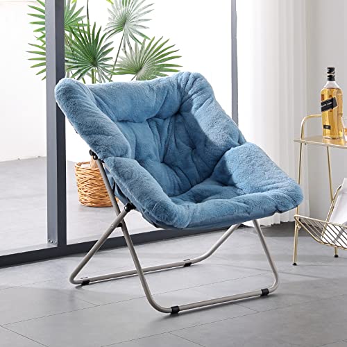 Givjoy Saucer Chair, Soft Faux Fur Oversized Folding Accent Chair, Soft Furry Lounge Lazy Chair, Metal Frame Moon Chair for Bedroom, Living Room