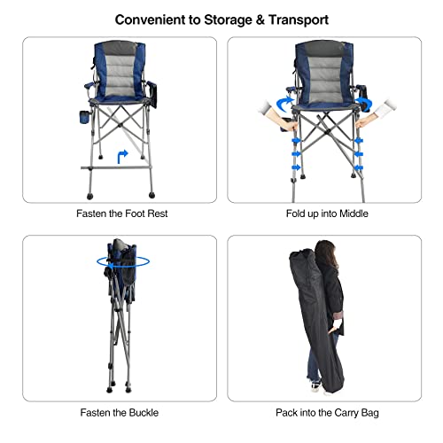 Stonehomy Padded 31" Bar Height Tall Folding Camping Chairs for Adults, Heavy Duty 330 lbs Directors Chair Foldable with Foot Rest and Cup Holder, Blue