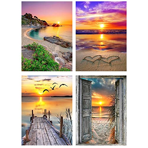 CHWGLFGG 4 Pack Diamond Painting Kits for Adults Beginners,DIY 5D Beach Landscape Diamond Art Kits,Round Full Drill Seaside Sunset Scenery Gem Art Kit,Home Wall Decor 9.8 x 13.8 Inch