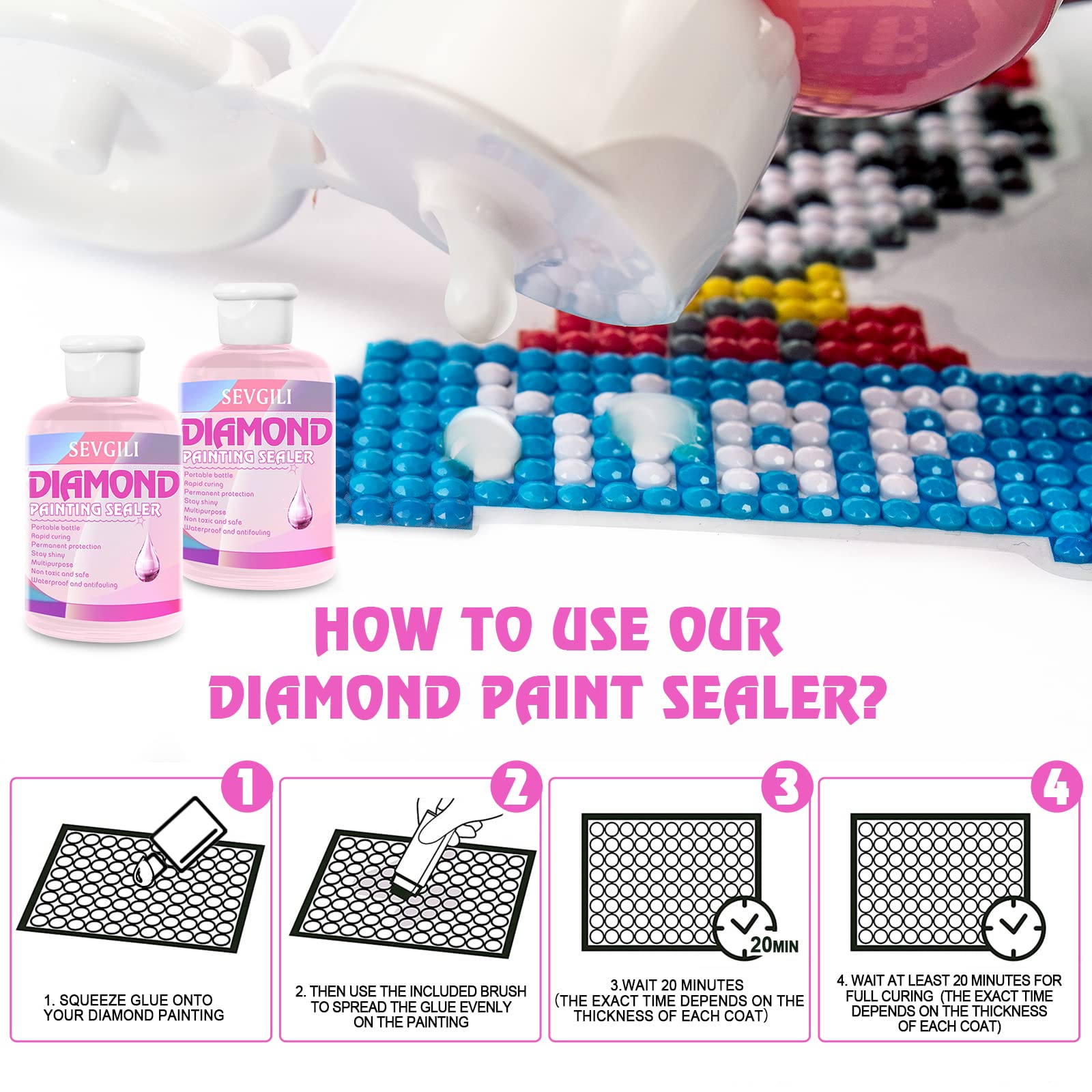 sevgili Diamond Painting Sealer Kits 120ML with Brushes, Diamond Art Sealer Puzzle Glue Diamond Painting Accessories and Tools for Adults (4OZ)