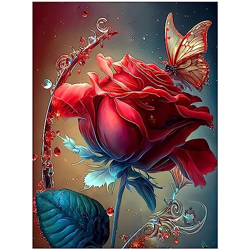 Buewutiry Butterfly Rose Diamond Painting Kits for Adults, Flower DIY 5D Diamond Art Kits for Adults, DIY Full Drill Diamond Dots Paintings Craft for Home Wall Art Decor (12x16 Inch)