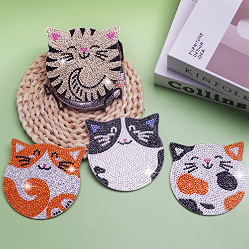 Vcekract Diamond Painting Coasters Kits, 6 Pieces Cat Diamond Painting Coasters with Holder, DIY Diamond Art Coasters with Stickable Cork Bases, Diamond Art Kits for Adults & Kids