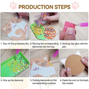 Vcekract Diamond Painting Coasters Kits, 6 Pieces Cat Diamond Painting Coasters with Holder, DIY Diamond Art Coasters with Stickable Cork Bases, Diamond Art Kits for Adults & Kids