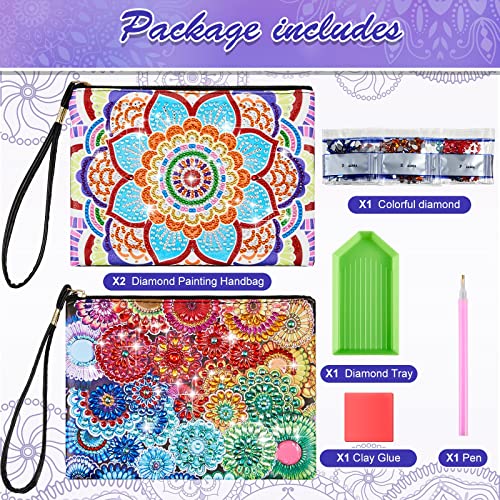 2 Pieces Mandala DIY Diamond Painting Purses 5D DIY Diamond Painting Handbag Handmade Diamond Art Wristlet Clutch Bag with Zipper for Women Girls Art Craft Makeup Gift (Elegant)