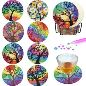 8 pcs diamond painting coasters kit with holder-colorful tree diamond dot art coasters for adults kids beginners,diy art and crafts gift