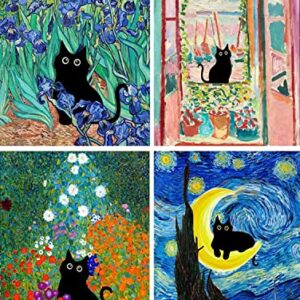 Adult & Kids 5D Diamond Painting Set - 4 Pieces, Round Diamond Digital Painting Kit, DIY Beginner Black Cat Diamond Art Kit, Matisse Van Gogh Living Room Bedroom Decoration (11.8x15.7)