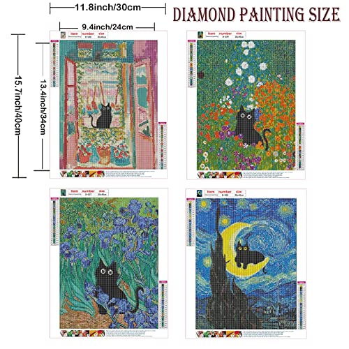 Adult & Kids 5D Diamond Painting Set - 4 Pieces, Round Diamond Digital Painting Kit, DIY Beginner Black Cat Diamond Art Kit, Matisse Van Gogh Living Room Bedroom Decoration (11.8x15.7)