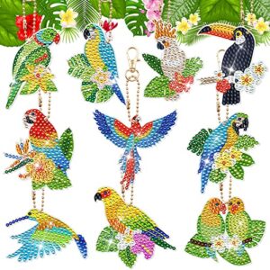augisteen 10 pcs tropical birds diamond painting keychains hawaiian parrots diamond art key rings luau party hanging pendants double sided 5d diamond ornaments for diy crafts summer party supplies